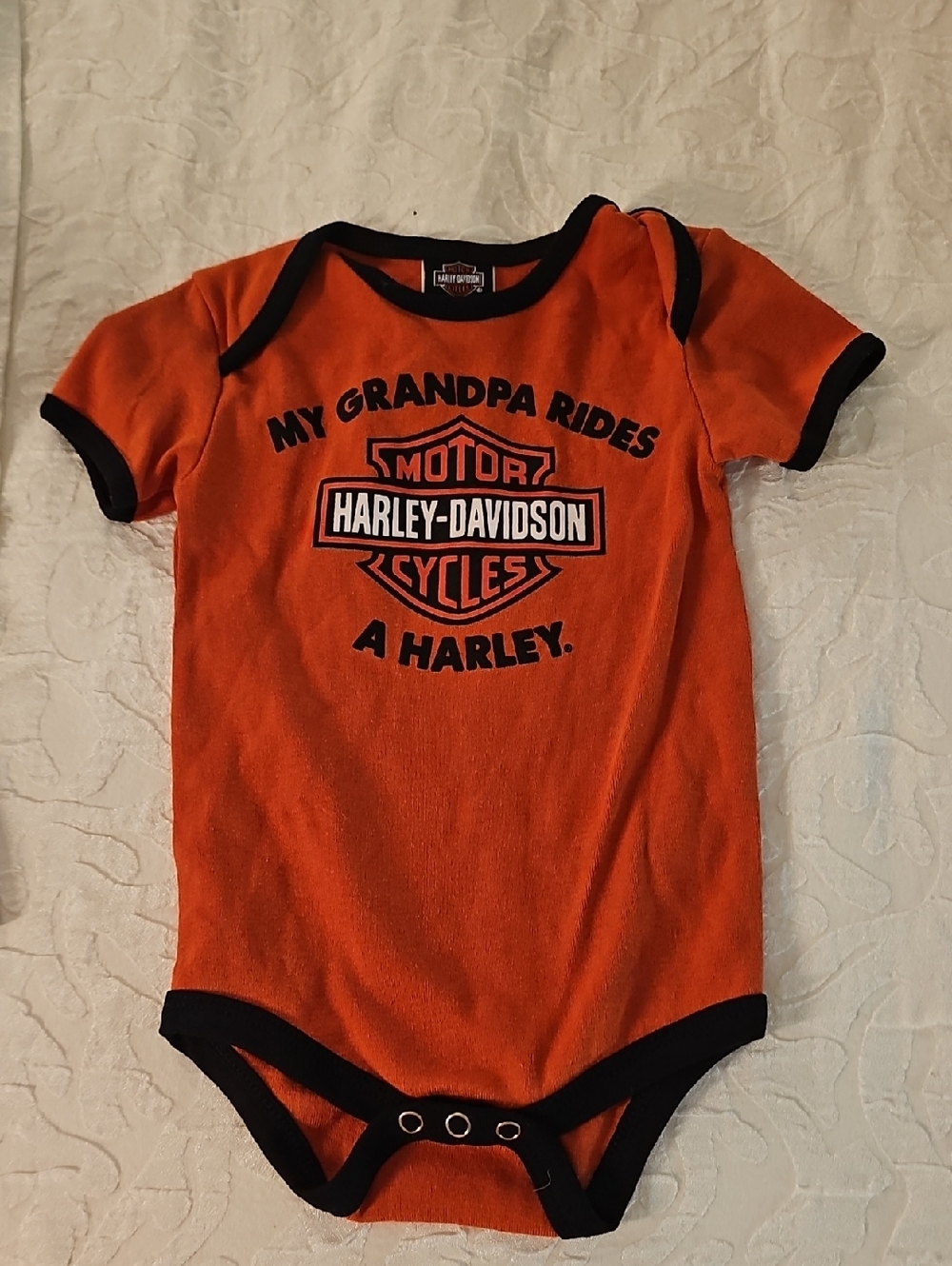 Harley-Davidson Orange Baby Bodysuit with Black Trim "MY GRANDPA RIDES A HARLEY"